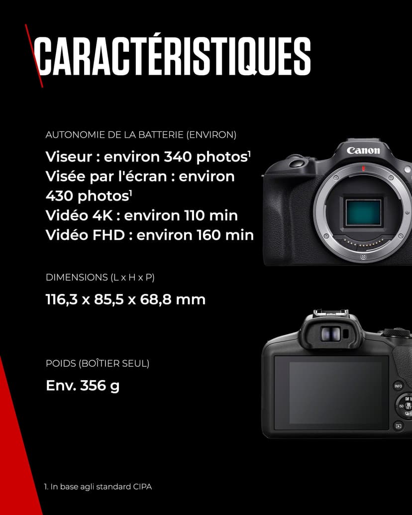 Canon EOS R100 Appareil Photo Hybride Compact à capteur APS-C stabilisé 24M Pixels, Vidéo 4K, Wi-FI, AutoFocus Dual Pixel, boitier Nu Noir - 6