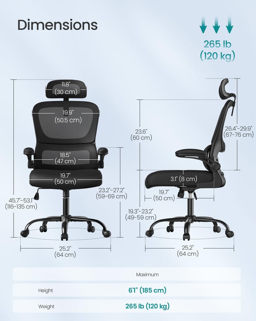 SONGMICS Office Chair, Ergonomic Mesh Chair for Desk, with Double-Layer Breathable Mesh Fabric, Dynamic Lumbar Support, Adjustable Headrest, for Home Office, Ink Black OBN041B01 - 3
