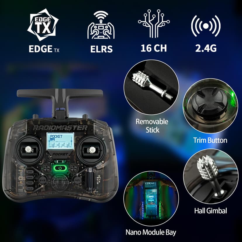 Radiomaster Pocket Hall Gimbal Transmitter, ELRS Remote Control Portable Lightweight Built in LED Light Foldable Antenna Mode 2(Charcoal) - 2