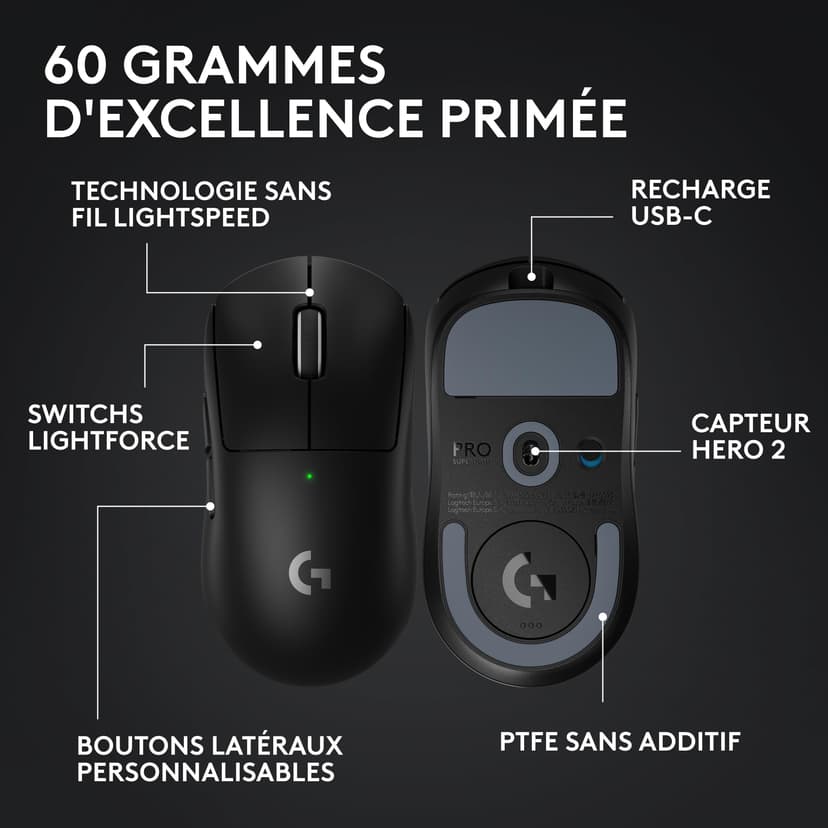 Logitech G PRO X SUPERLIGHT 2 - mouse gaming wireless, mouse Pro-Grade da 60 g 5 pulsanti programmabili, Versione Est Europa,sensore a 44.000 DPI, velocità di aggiornamento di 8 kHz, USB-C,PC/Mac-Nero - 6