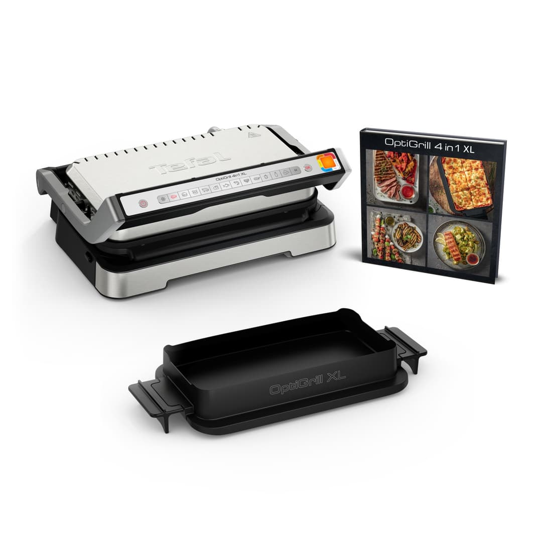 Tefal OptiGrill 4-in-1 XL Contact Grill with Baking Bowl, Foldable, Table Grill, 12 Programs, Cooking Step Display, Electric Grill, Oven, GC784D10