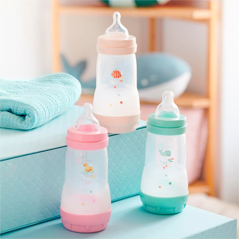 MAM | Lot de 2 biberons Easy Start Anti-Colique 2+ mois débit moyen (2 x 260 ml) Menthe + Coton – Biberon pour réduire les coliques et l'inconfort de bébé – Biberon bébé compatible avec l'allaitement - 2