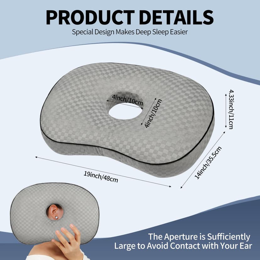 Babyezz Ear Piercing Pillow for Side Sleepers with Ear Hole for CNH and Ear Pain Ear Inflammation Pressure Points Cotton and Polyester Filling Washable and Adjustable (Gray) - 2