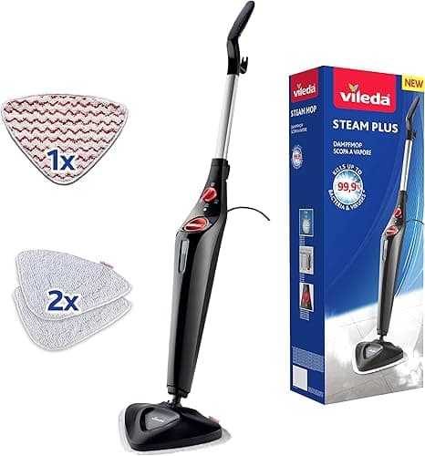 Vileda Steam Plus Steam Cleaner with PowerPad and 2 Microfibre Replacement Pads, Hygienic Floor Cleaner for Tiles, Laminate & Parquet, Heating Time: 15 Seconds, Eco Packaging
