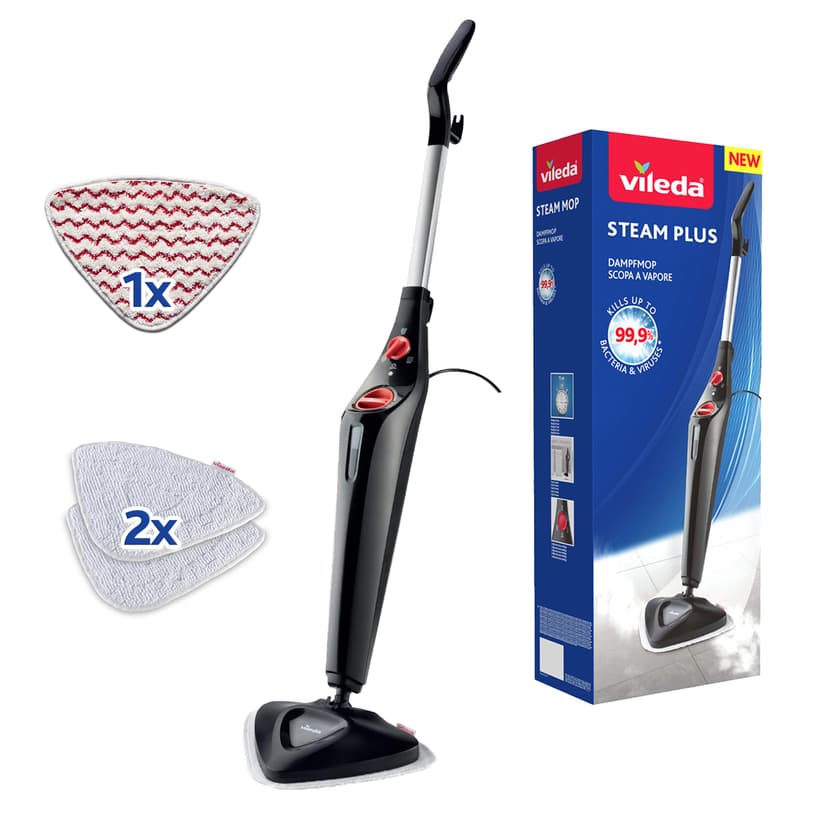 Vileda Steam Plus Steam Cleaner with PowerPad and 2 Microfibre Replacement Pads, Hygienic Floor Cleaner for Tiles, Laminate & Parquet, Heating Time: 15 Seconds, Eco Packaging - 1