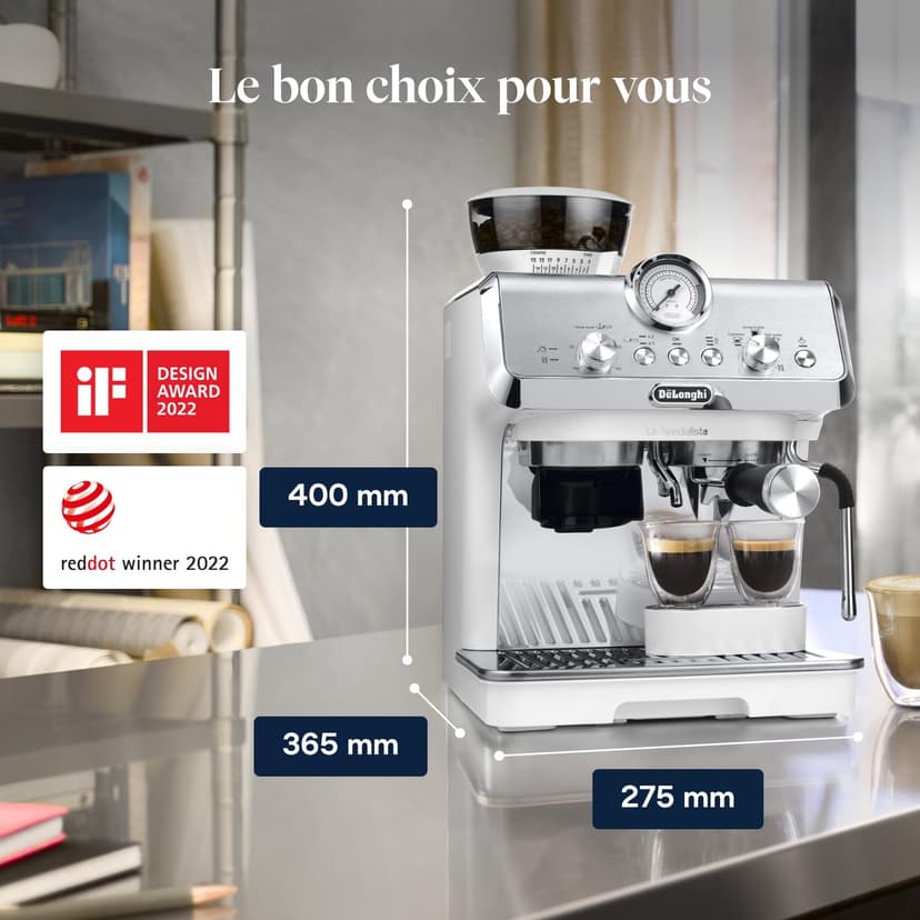 De'Longhi La Specialista Arte EC9155.W, Cafetera Expresso Manual, Tecnología de Molido con Sensor y 8 Ajustes, Control Activo de la Temperatura, Espumador de Leche MyLatte Art, 1550 W, Blanco - 9