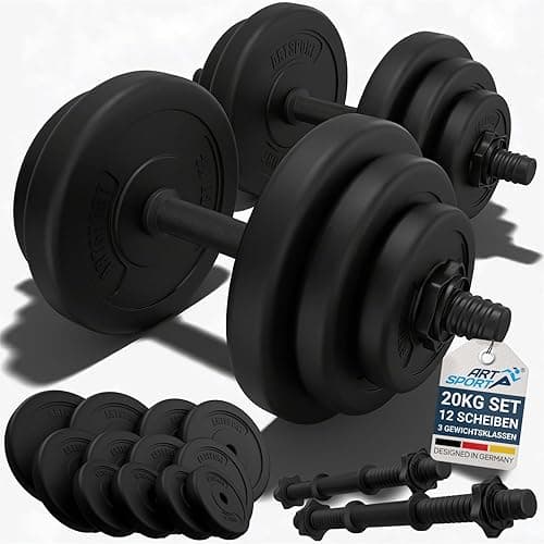 ArtSport Ensemble d'haltères 20 kg – Ensemble d'entraînement de musculation avec 2 haltères courts, 12 disques d'haltères, 4 fermetures en étoile et poignées antidérapantes pour la maison