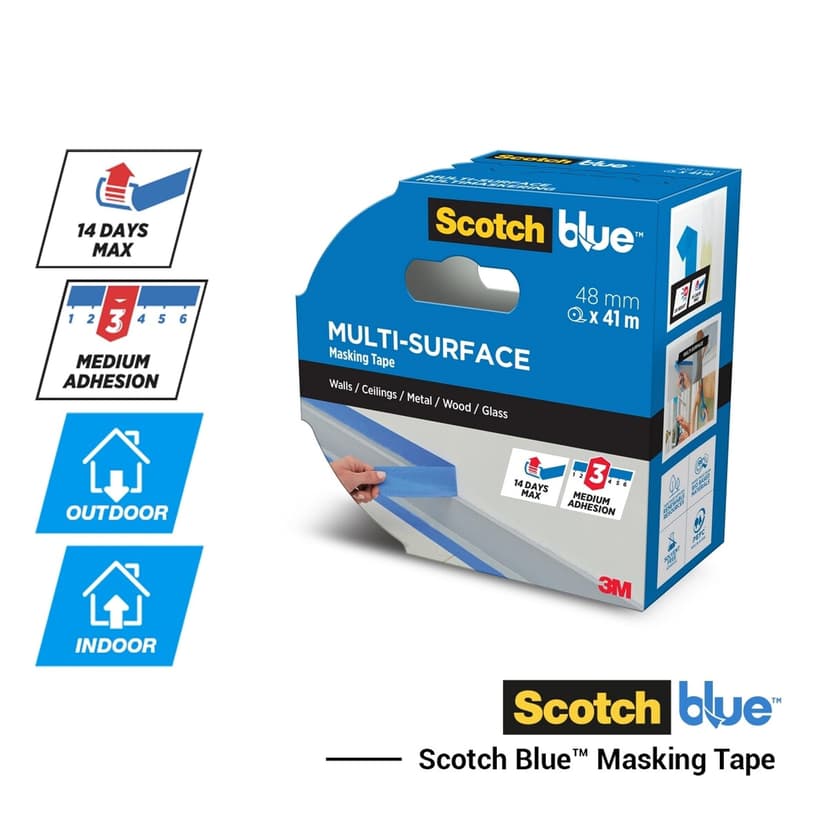 ScotchBlue Multi-Surface Premium Masking Tape, 48mm x 41m, 1 Roll/Pack - Scotch Adhesive Blue Painters Tape, For Painting and Decorating, Indoor & Outdoor, Sticks Well, 100% PEFC - 3