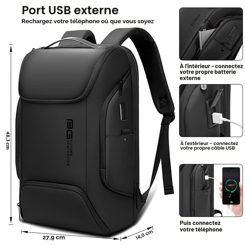 BANGE Sac à dos judicieux pour ordinateur portable de 15,6", sac professionnel pour homme et femme, noir, Large - 4