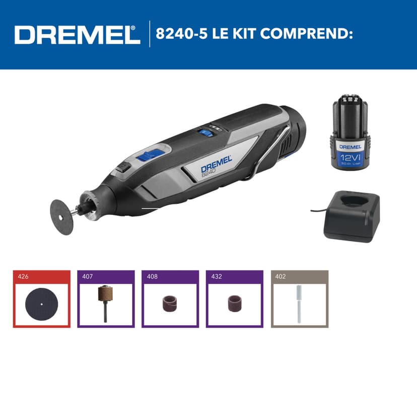 Dremel 8240 Battery Rotary Tool, 12V 3Ah Lithium-Ion Battery, Multifunctional Tool Set with 5 Accessories, Variable Speed 5,000-35,000/min, and Fast Charging Time - 2