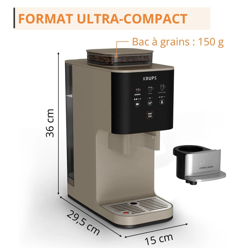 KRUPS Coffee Crush Superautomatic Coffee Maker 15 Bar 3 Coffee Recipes 3 Temperature Levels Touch Screen Compact 15 cm Wide SA402AE0 - 7