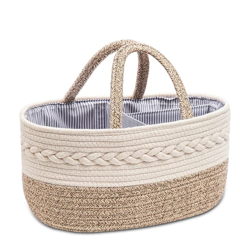 YEONHWA Boîte de rangement pour couches de bébé, panier de rangement en coton pour bébé en corde tissée, poignée portable avec grande boîte de rangement pour vestiaire, beige - 5