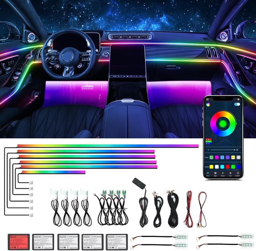 Ensemble d’éclairage intérieur Acrylique pour Voiture, Bphuny 18-en-1 593 LED, Fibre Optique, Multiples Modes, lumières d’Ambiance décoratives avec Rythme Arc-en-Ciel Dynamique Musical RGB néon - 1
