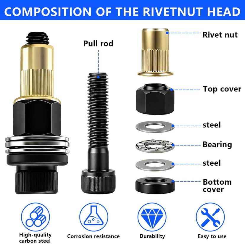 NINGYER 7 Pièces Écrous à Tête de Rivet à Main, Insert Fileté Metal avec 70 Éécrous, pour M3, M4, M5, M6, M8, M10, M12 Pinces à Riveter, Riveteuses Manuelles (7 Tailles) - 3