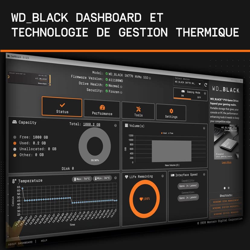 WD_BLACK SN770 SSD 1 To, Disque SSD Interne, Vitesse de lecture jusqu'à 5150 Mo/s, M.2 2280 NVMe SSD, PCIe Gen 4.0, Haute performance disque de jeu, Noir - 5