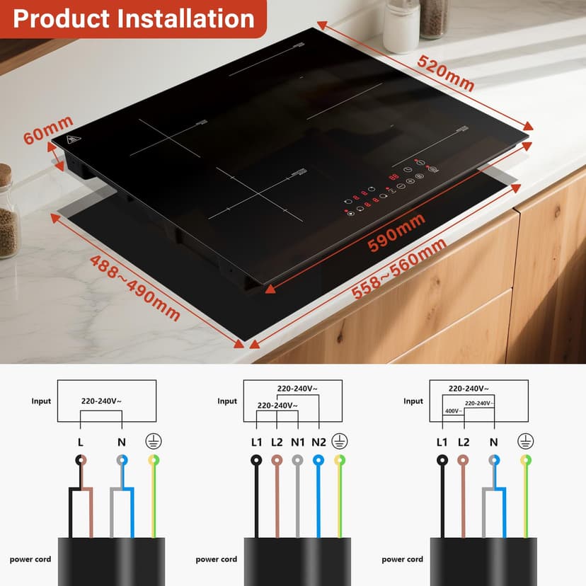 KICHPOWER Induction Hob 4 Zone with 1 Flexible Zone, Built-in Induction Hob 60 cm with Boost Function, Touch Control, 6000W, 9 Power Levels, 1-99 Min timer, Child Lock - 8