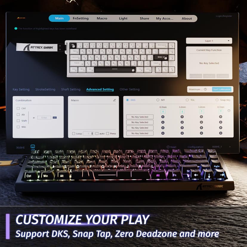 ATTACK SHARK X68 HE 8000Hz Rapid Trigger Keyboard, 0.01mm RT Accuracy Wired Gaming Keyboard with Magnetic Switch, Adjustable Actuation, Rapid Trigger, Snap Tap, RGB Lighting for PC/Mac, Black Contours - 6