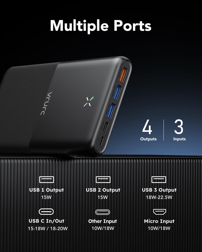 VRURC Power Bank 30 000 mAh 22,5 W Powerbank USB C Charge Rapide Batterie Externe pour téléphone Portable avec 4 Sorties et 3 entrées Chargeur Portable Compatible avec iPhone, Huawei, tablettes, etc - 4
