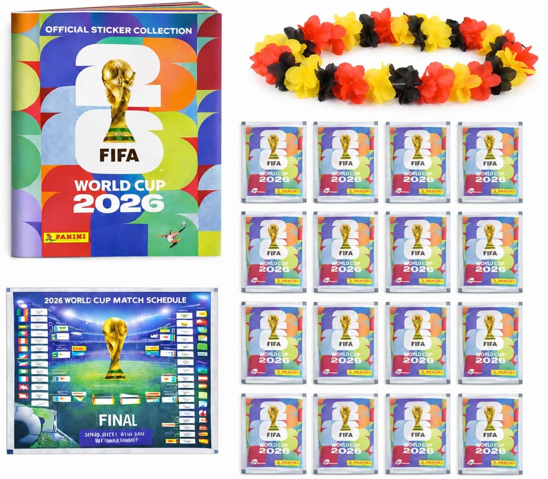 XXL Kit Starter Fan Coupe du Monde 2026 – Album Original Panini, Calendrier des Matchs + Collier de Fleurs Allemagne, Bundle Fan XXL (10 Pochettes / 70 Stickers)