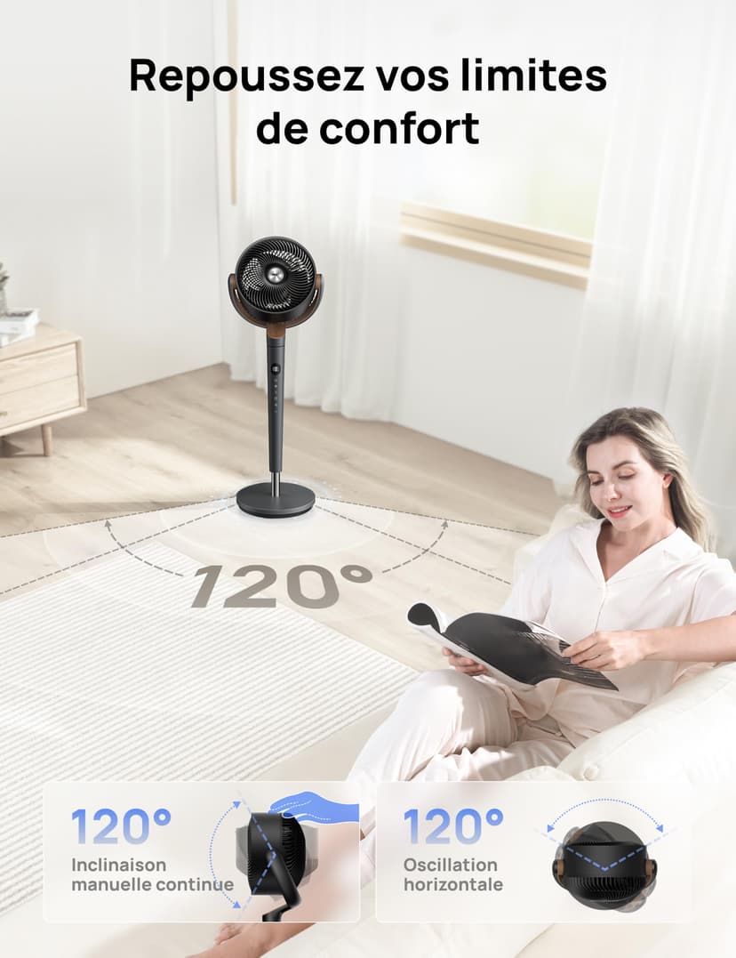 DREO ventilateur sur pied très silencieux avec télécommande, ventilateur grand format 20 dB avec moteur CC, oscillation 120°, 3 modes, hauteur réglable 94–107 cm, ventilateur de sol TurboPoly™ 512 - 5