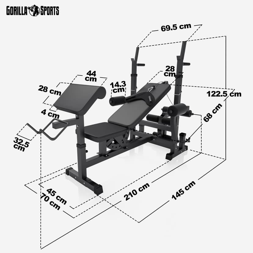 GORILLA SPORTS® Weight Bench - with 100kg Weights, Barbell Bar, EZ Curl Bar, Dumbbells, Adjustable, Rack, Dip Station, Preacher Pult, Leg Extension, Black or White - Training, Workout Bench, Multi Gym - 6