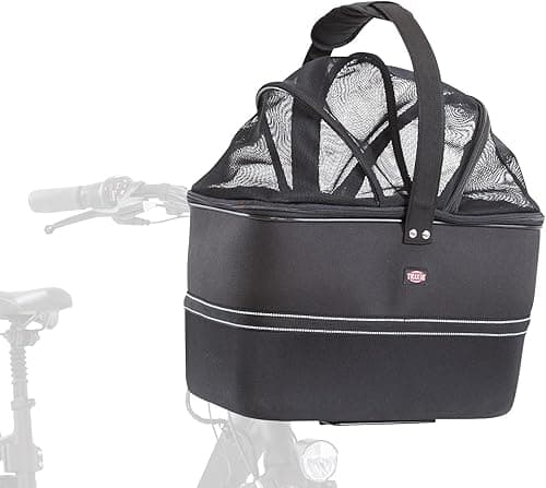 TRIXIE dog bike basket for front up to 13.2 lbs – 16.1 × 18.5 × 11.4 inches – dog bicycle basket for handlebars – includes rain cover and mesh top, 13108