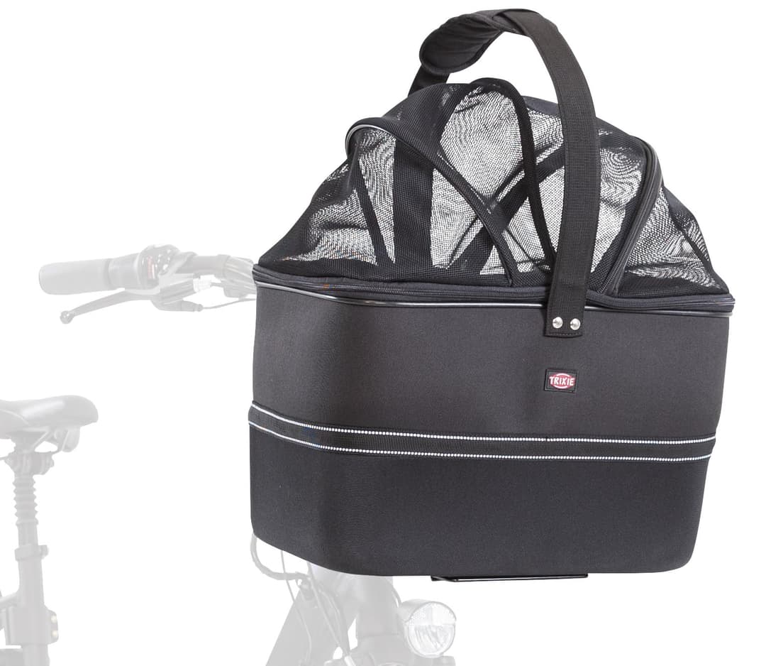TRIXIE dog bike basket for front up to 13.2 lbs – 16.1 × 18.5 × 11.4 inches – dog bicycle basket for handlebars – includes rain cover and mesh top, 13108