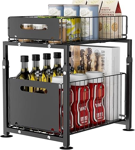 LANTUS Rangements sous Evier 2 Niveaux Organisateur Coulissant,Paniers Coulissants, Empilable,Étagères pour Placard Meuble Cuisine Salle Bain,29 x 38 x 49 cm (noir)