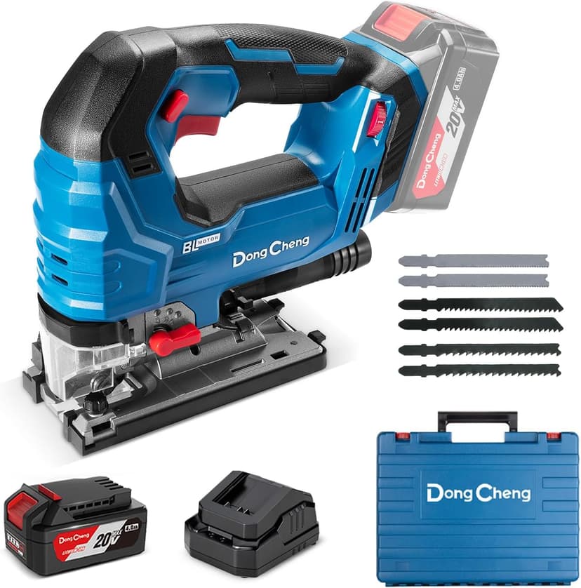 Dong Cheng Scie Sauteuse Sans Fil 18V Sans Balais, Scie Sabre Pendulaire course de 26 mm, 6 Vitesses, Coupe Biseau 0-45°, Double LED & Souffleur - Avec Batterie 4Ah, 6 Lames, Chargeur et Caisse Pro - 1