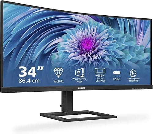 Philips Monitors 346E2CUAE - 34 inch WQHD Curved Monitor, 100Hz, 1ms, VA, USB-C Dock, Speakers , Height Adjust (3440 x 1440, 300 cd/m² HDMI / DP / USB-C)