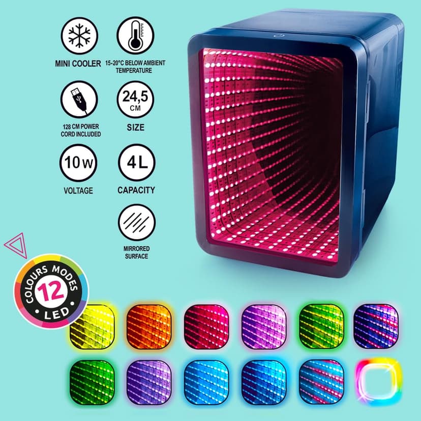 So Chill - Infinity LED Mini Fridge - 6 Cans or 8 Mini Cans - Mirror Effect Door - 12 Light Modes - Stickers - for Desk, Bedroom, Car - USB Power Supply (5V SELV) - INF 041 - 3