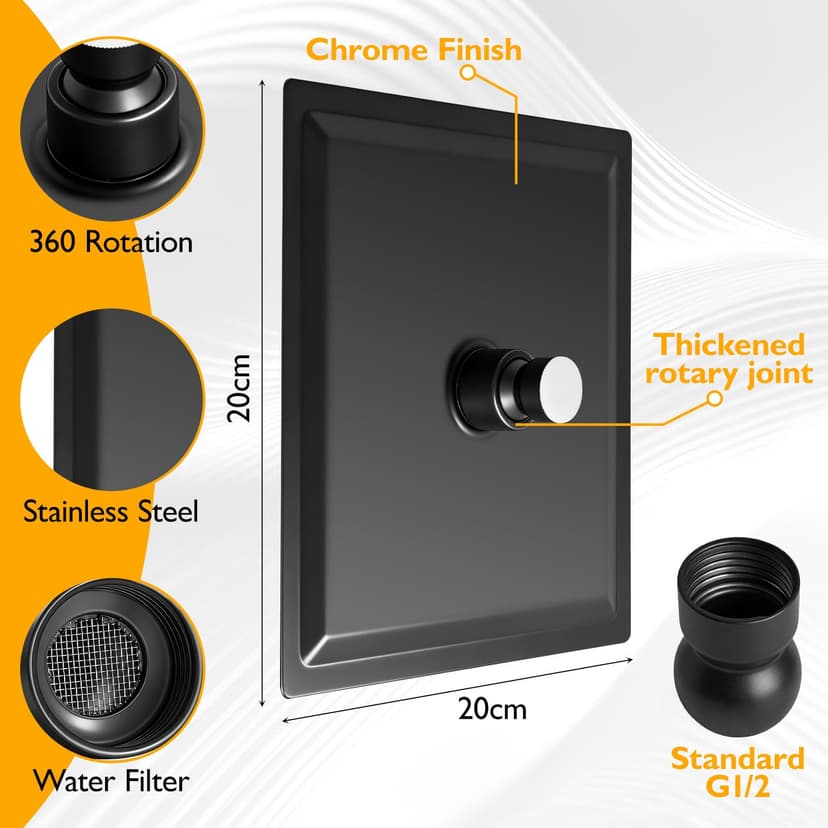 Bubuny Rain Shower Head Square Stainless Steel Shower Head 20 x 20 cm Adjustable Square with Self-Cleaning Nozzles Black - 5