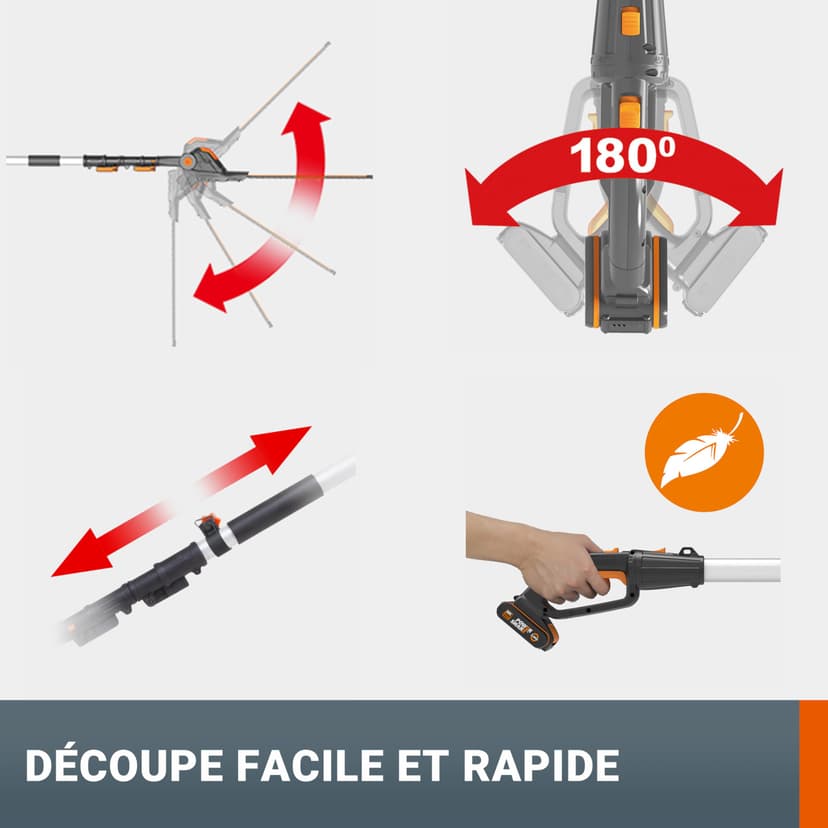 WORX Taille-Haies sans Fil sur perche 20V WG252E.9, Lame de 45 cm, écartement de 16 mm, manche télescopique, Léger et Ergonomique, Poignée Arrière Souple et Rotative, Livré sans Batterie ni Chargeur - 7