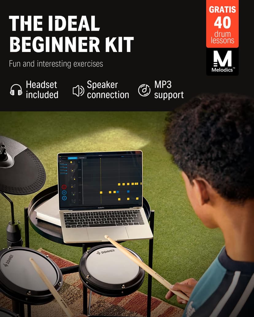 Donner DED-80 Electric Drum Kit, Electronic Drum Sets for Beginner with 4 Quiet Mesh Drum Pads, 2 Switch Pedal, 180+ Sounds, Throne, On-Ear Headphones, Sticks, and Melodics Lessons Included Black - 2