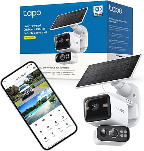 Tapo C645D Outdoor Wifi Camera Kit with Solar Panel, 2K Dual Lens, 360° Covers 2 Areas Together, Backup Battery, 10,000 mAh, Color Night Vision, Tracking/AI Detection, IP65