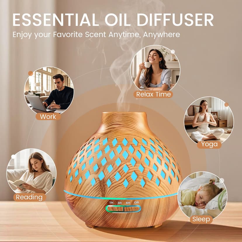AESHORY Diffuseur d'huiles Essentielles 550ML, Diffuseur de Parfum avec 12x5ML Huiles Essentielles, Humidificateur Ultrasonique avec 7 Couleurs Lumières LED, Arrêt Automatique, pour Maison, Yoga, Spa - 7
