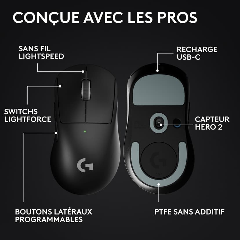Logitech G PRO X SUPERLIGHT 2 DEX LIGHTSPEED, souris gaming sans fil, Est Europe Version, légère, 60 g, 5 boutons programmables, capteur 44k DPI, 8K Polling, USB-C, PC/Mac - Noir - 6
