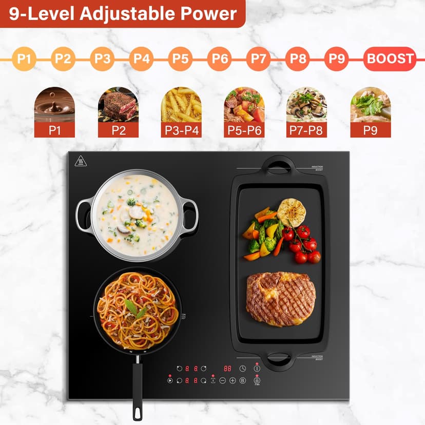 KICHPOWER Induction Hob 4 Zone with 1 Flexible Zone, Built-in Induction Hob 60 cm with Boost Function, Touch Control, 6000W, 9 Power Levels, 1-99 Min timer, Child Lock - 6