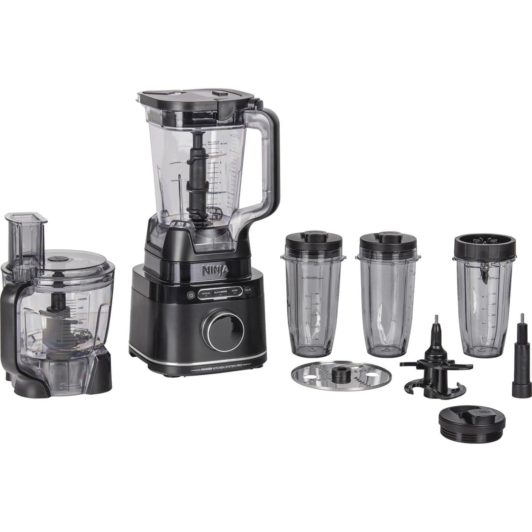 Ninja Detect Power Blender Processor Pro 3-en-1, mixeur 1200W, bol à mélanger, lame malaxeur, gobelet individuel, récipient, pétrir, mixer, hacher et mélanger, noir, TB401EU