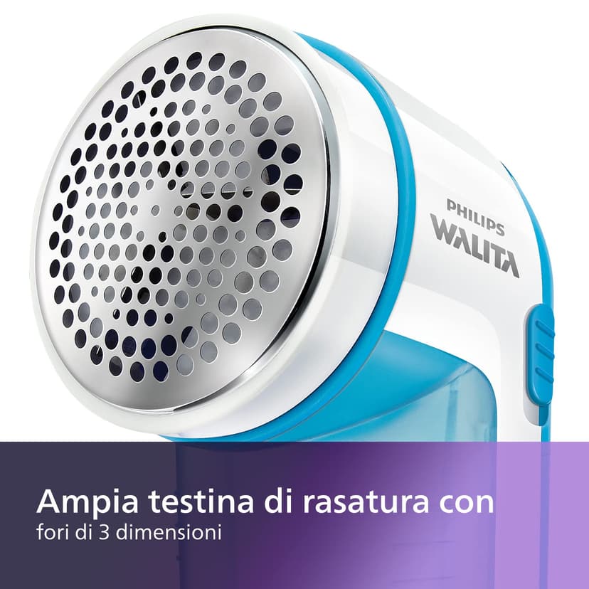 Philips Rasoir Anti Bouloche - Élimination Rapide des Peluches, rase bouloche de 8800 TR/Min, 3 Lames, pour Tous Tissus, bac Facile à Nettoyer, 2 Piles AA, Design Compact, Bleu/Blanc (GC026/00) - 5
