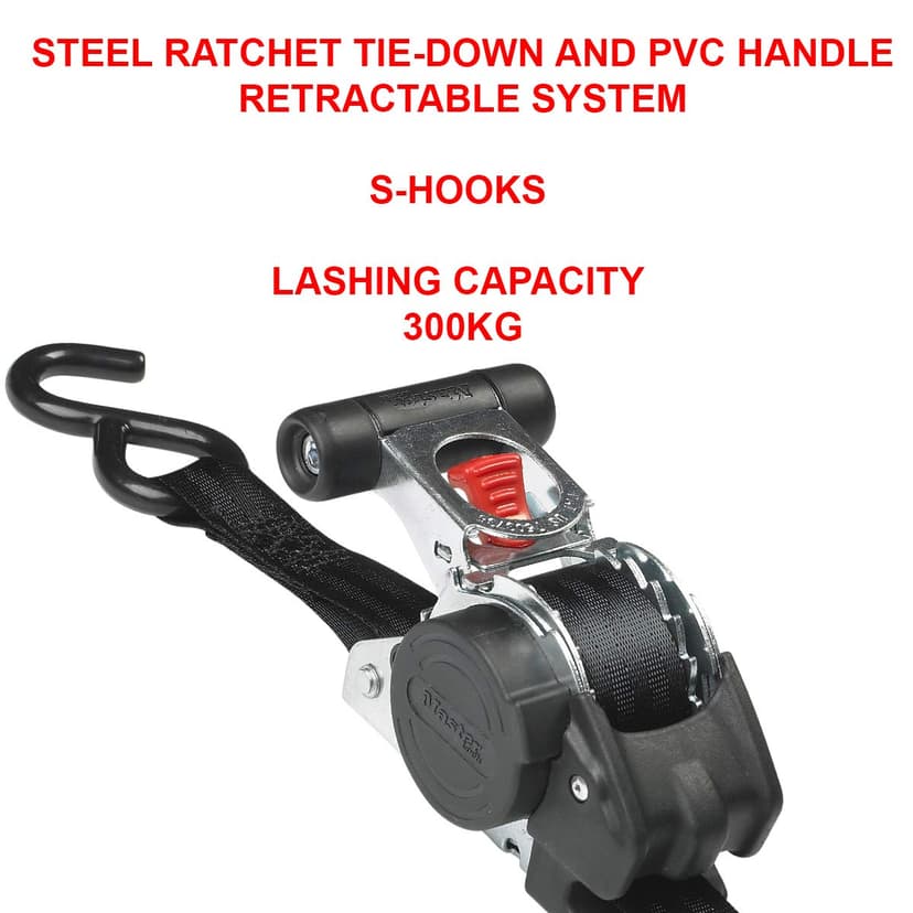 Master Lock 3238EURDAT Retractable Ratchet Tie Down Strap with S-Hooks, Black, 3m x 25mm Strap, Pack of 2 - 4