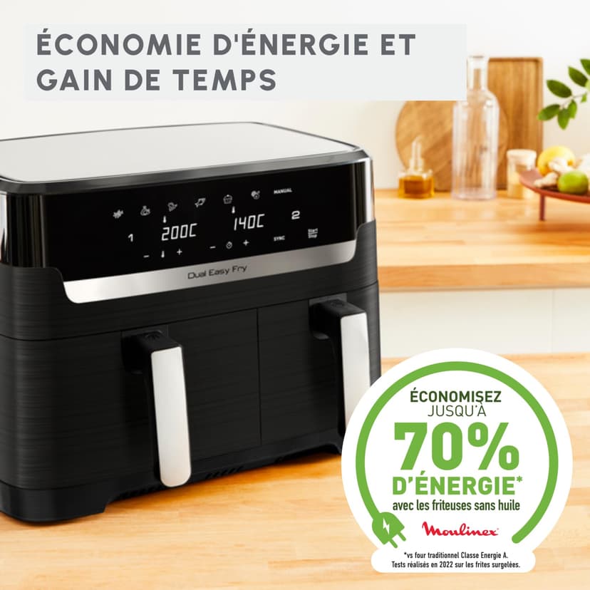 Moulinex Air Fryer, 2 Compartments + Book of 20 Recipes, XXL Capacity 8.3L, Up to 8 People, 7 Automatic Programs, Digital Touch Screen, Dual Essential Stainless Steel, YY5545FB - 6