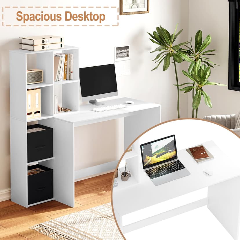 WOLTU Desk with Bookcase, Office Desk, Bookcase with 6 Open Compartments and 2 TNT Boxes, Computer Desk, Study, Bedroom, 140.5 x 50 x 134 cm, Wood, White, TS184ws - 2