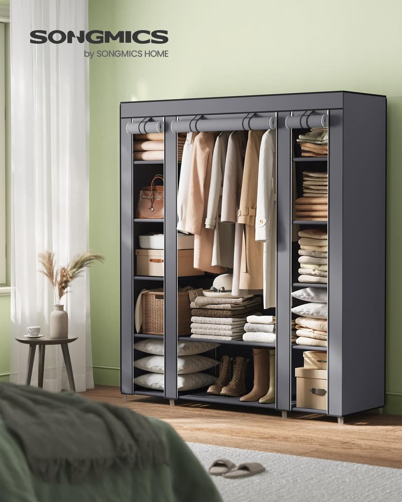 SONGMICS Fabric Wardrobe, Portable Wardrobe for Bedroom, Clothes Rail with Non-Woven Fabric Cover, Clothes Storage Organiser, 45 x 150 x 175 cm, 12 Compartments, Metal Frame, Grey LSF03G - 2