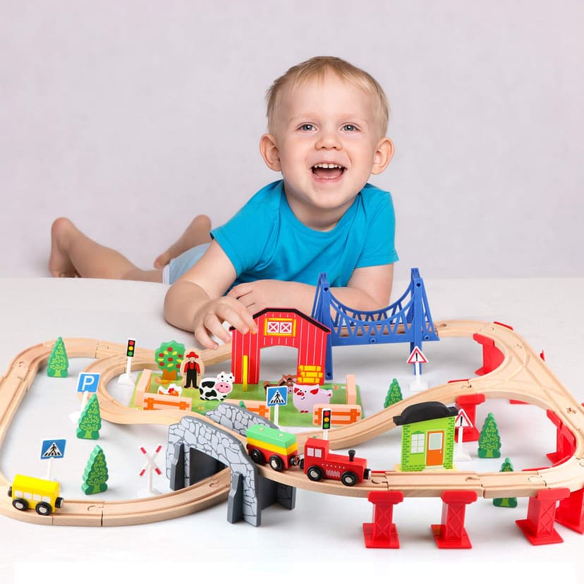 Jacootoys 80PCS Wooden Train Tracks Set Magnetic Trains Educational Construction Toy Wooden Car Tracks Vehicles for Kids 3+ Years Old Girls Boys - 2