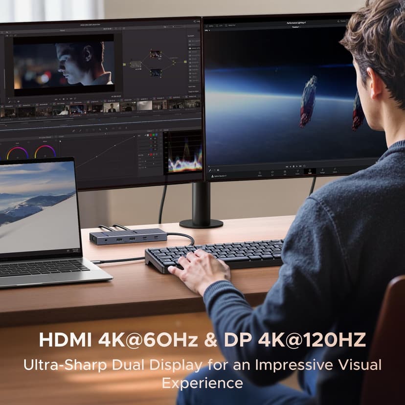 UGREEN Revodok Pro Docking Station (11-in-1), Dual 4K@60Hz HDMI+DP, 4K@120Hz DisplayPort, 2×10Gbps USB-C, 100W PD, 170MB/s SD/TF, 40cm Cable, Aluminum USB C Hub for Dell, HP, Surface Laptops - 3