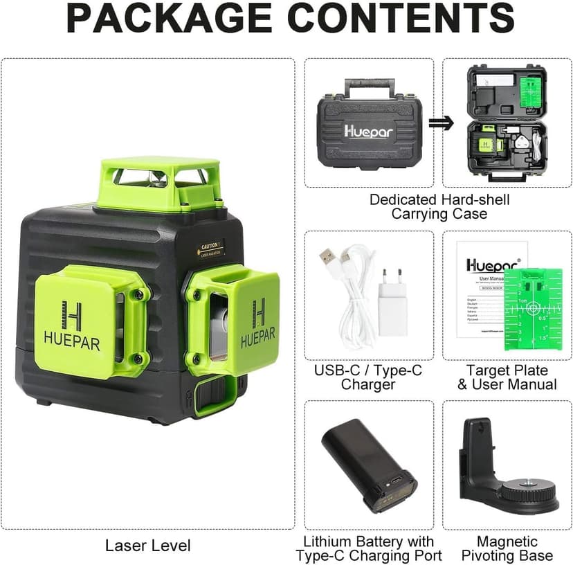 Niveau Laser Vert, Huepar 3x360 avec Batterie Li-ion Rechargeable, Laser Level Auto-nivellement, avec Port de Charge de Type-C et Étui de Transport à Coque Rigide Inclus - B03CG Pro - 7