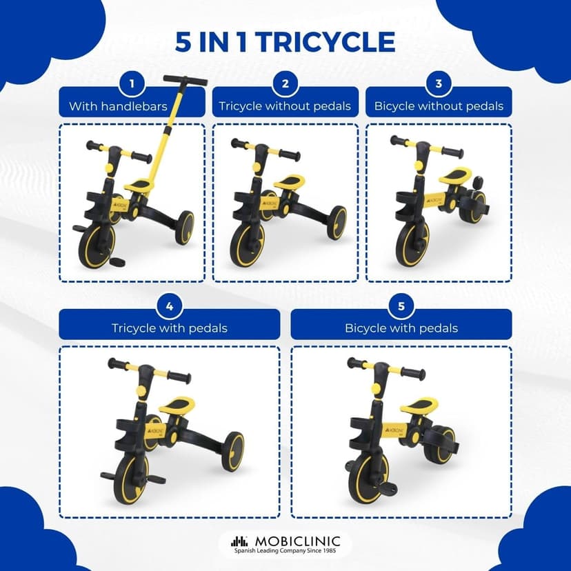 Mobiclinic® Kids, 5-in-1 Tricycle, Balance bike, Chase, Evolutive, Ages 1-5, Adjustable Handlebar and Seat, Ultralight, Toddler bike, Easy Assembly, Puncture-Proof Wheels, Up to 25 kg (Yellow) - 3