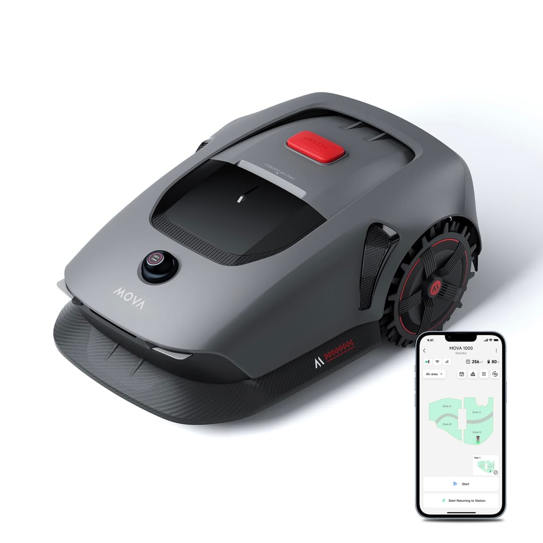 MOVA 1000 Robot Tondeuse Installation sans Fil, cartographie 360° 3D LiDAR jusqu'à 1000 m² évitement Intelligent des Obstacles. Contrôle Via App, Roues Tout-Terrain, Coupe en U, Chargement Rapide