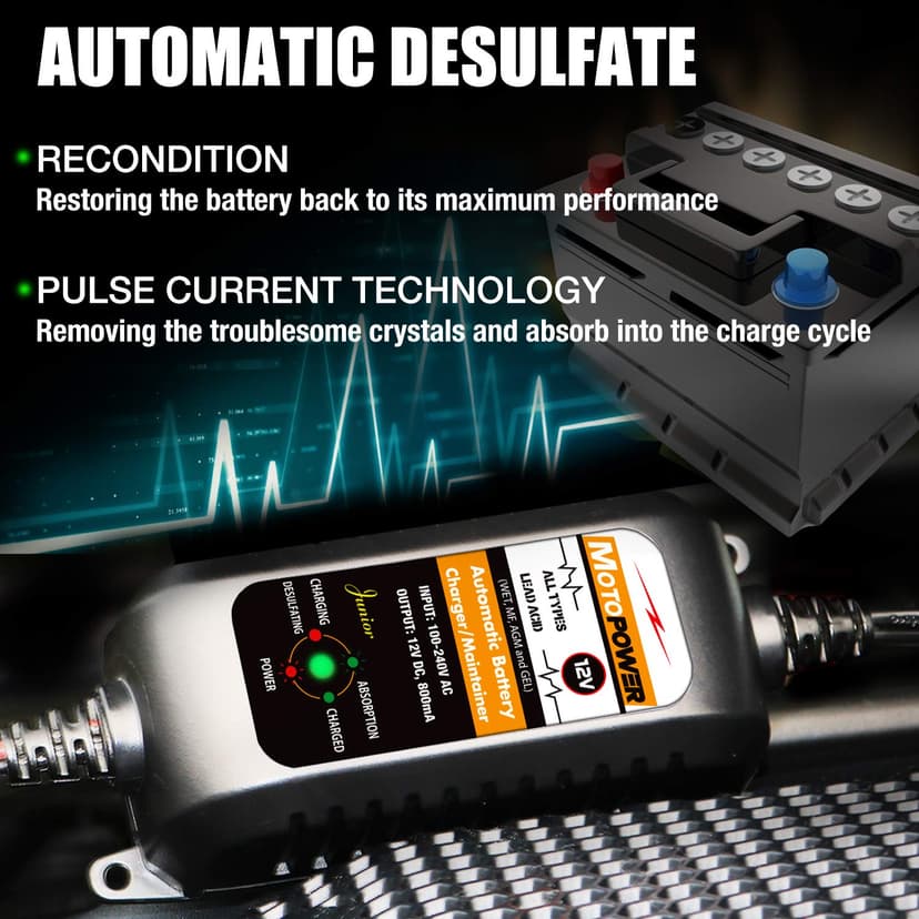 MOTOPOWER MP00205A 12V 800mA Fully Automatic Battery Charger/Maintainer for Cars, Motorcycles, ATVs, RVs, Powersports, Boat and More. Smart, Compact and Eco Friendly - 3